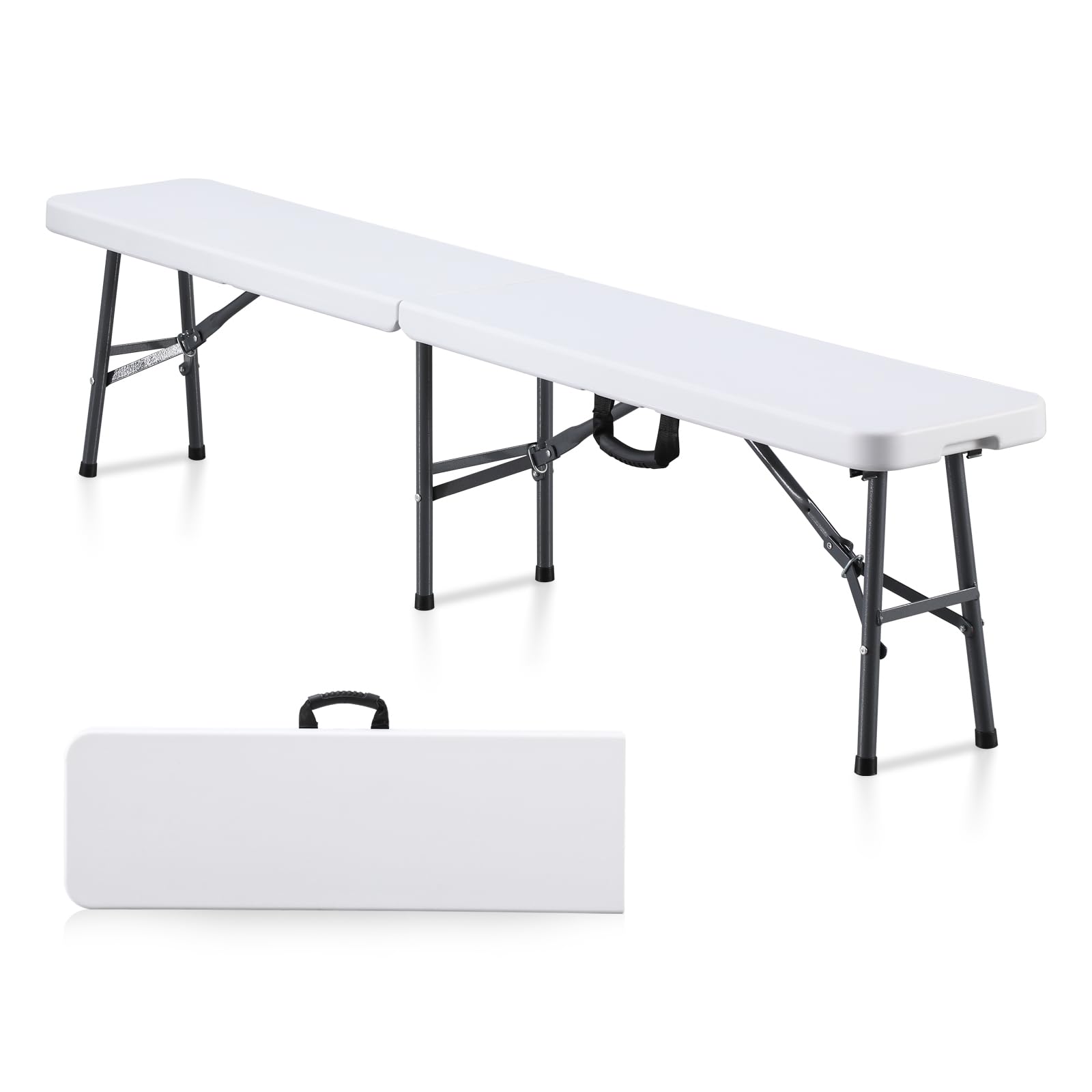 KAIHAOWIN Banc pliable en plastique blanc de 1,8 m avec poignée de transport, siège portable pour pique-nique, camping, salle à manger, fête