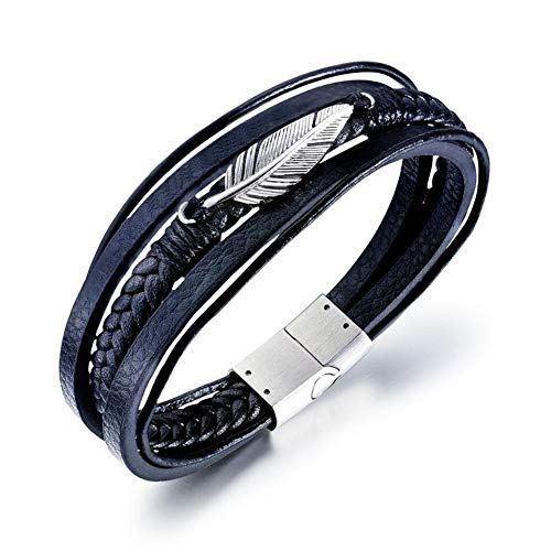 ATEIELLI Herren Armband Feder Schwarz PU Leder mit Edelstahl Magnetverschluss B311 (Schwarz-Silber)