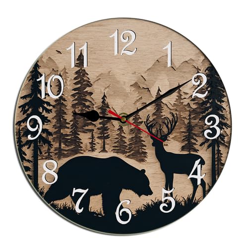 Horienteeon Orologio da parete con orso, cervo, foresta, fauna selvatica, baita di montagna, in legno, decorativo, silenzioso, senza ticchettio, per soggiorno, cucina, casa, bagno, camera da letto
