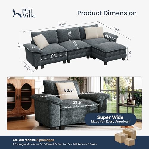 Image of PHI VILLA Cloud Modular Couch Sets, 123.6 inch Sectional Sofa with L-Shaped Chaise, 4-Seater Upholstered Couches with Movable Ottoman for Living Room, Chenille Fabric, Dark Cyan