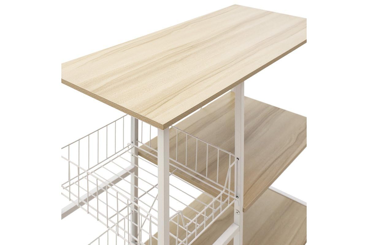Meyvaser Estanteria de Cocina, Estantería para Microondas con 2 Cestas de Malla Metálica Blanca, 3 Estantes y Ganchos 80x34x75cm Color Madera y Blanco