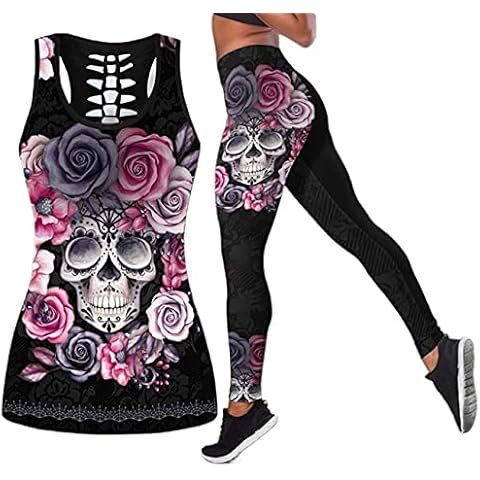 DRZHEAM Women 2 Piece Casual Sweatsuit Skull Outfits Printed Tank Tops Yoga Leggings Jogger Sets Activewear (black-a, XXL, xx_l) Cover