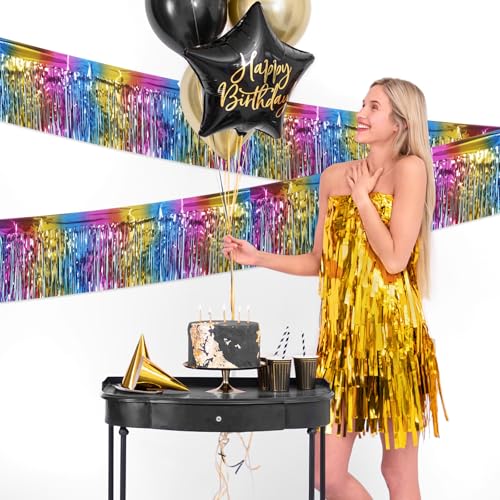 Image of 5 Pack 10 Feet Rainbow Fringe Garland Foil Fringe Garland Colorful Parade Float Fringe Metallic Streamers Tinsel Fringe Banner for Birthday Party Decor Halloween Christmas Decoration (Rainbow)
