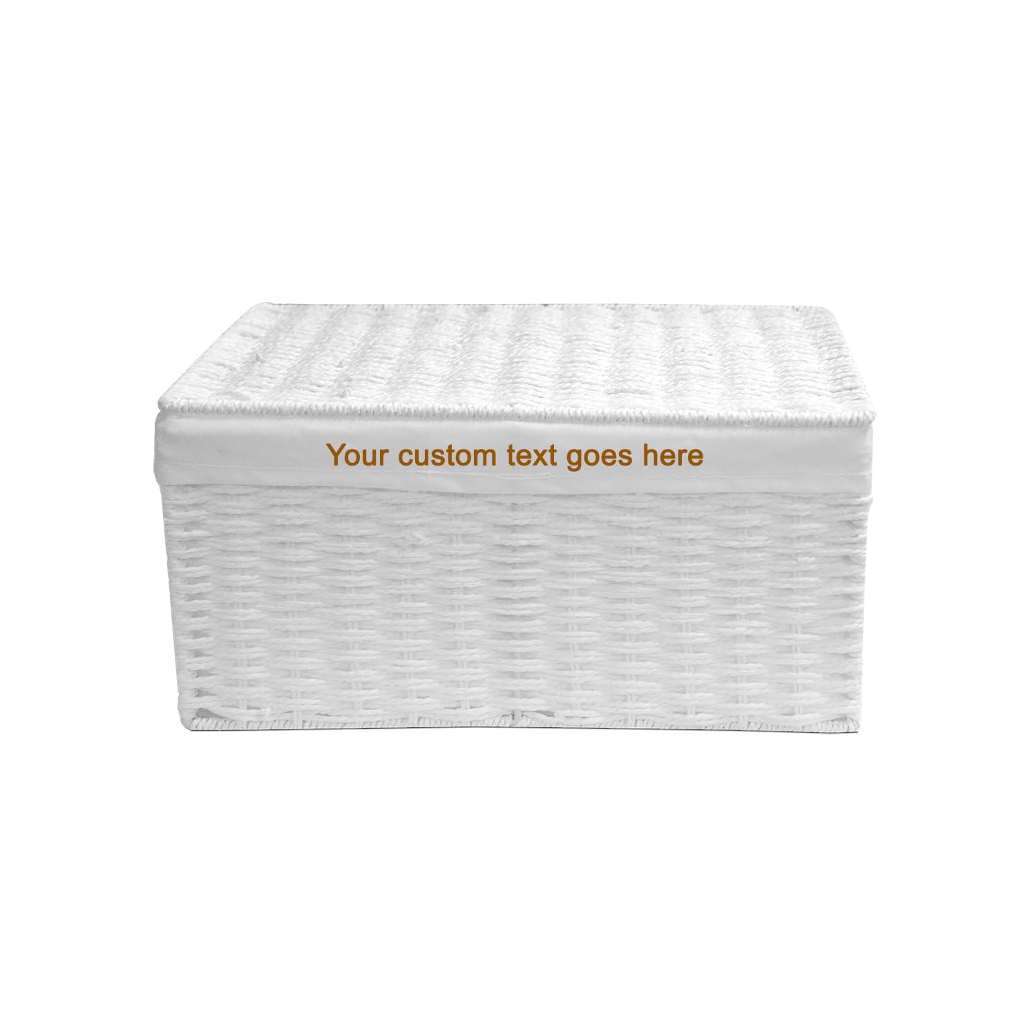 Arpan Personalised Custom Text White Paper Rope Woven Storage Basket Hamper Box with White Cloth Lining for Xmas, Decorative & Home Storage (Medium)