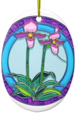 Ornament Decorations Lady Slipper Orchids in Circular Stained Glass Oval Christmas Tree Gift Idea