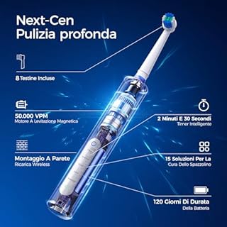 Spazzolino Elettrico Rotante per Adulti e Bambini con 3 Intensità e 5 Modalità, Electric Toothbrush con 8 Testine, Custodia da Viaggio, Impermeabile IPX7, Autonomia fino a 120 Giorni(Blu Scuro)