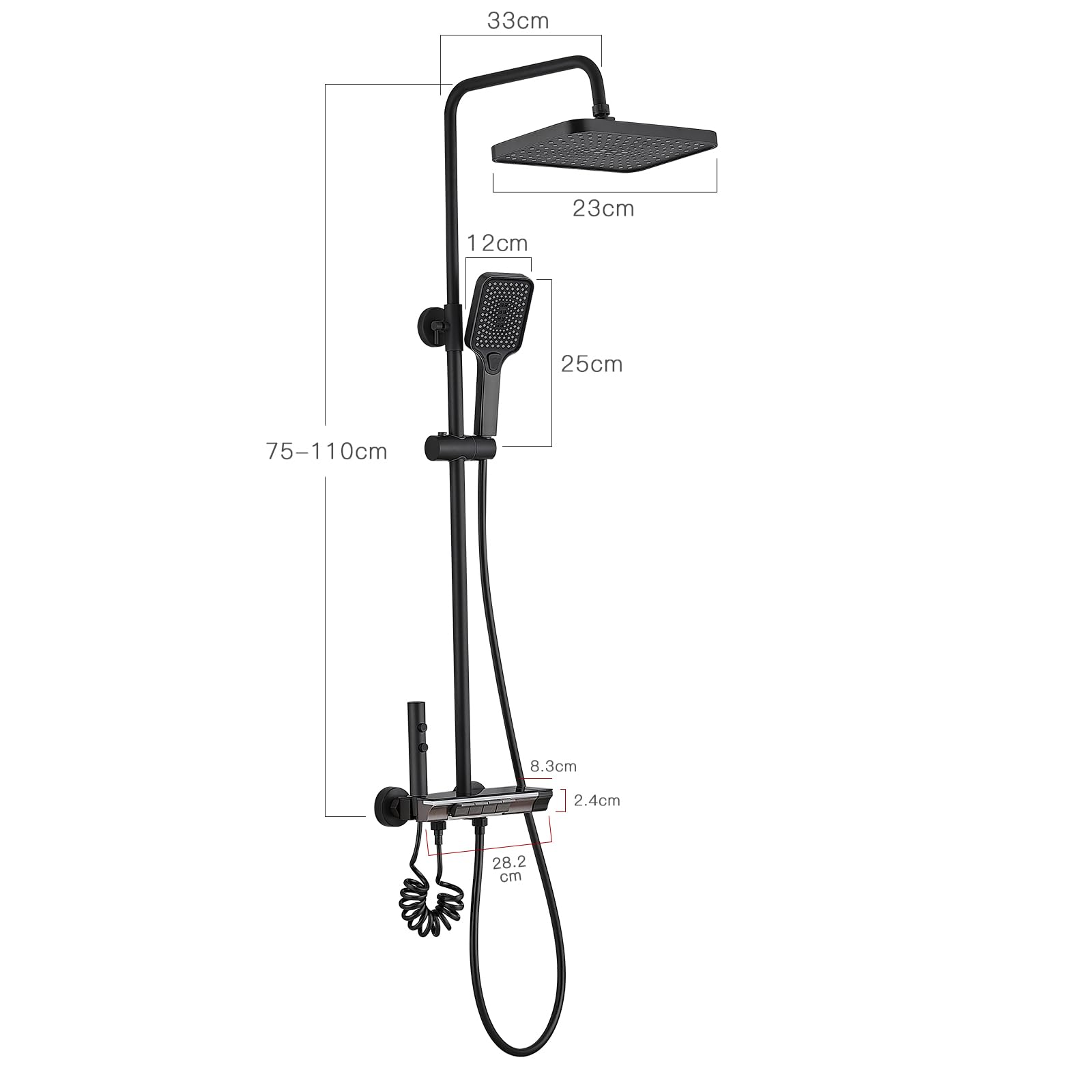 Colonne de Douche Titane avec Tête Carrée DEWINNER,Colonne de Douche 4 Modes et Hauteur Réglable75-110CM, Affichage LED,Tête de Douche, Jet, Robinet et Pommeau de Douche (Noir)