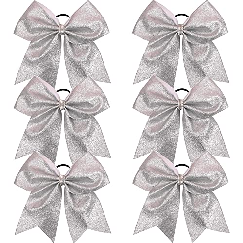 Hipcheer Large Glitter Cheer Bows Ponytail Holder with Rhinestones Hair Tie for Teen Girls Softball Cheerleader Sports (Silver)