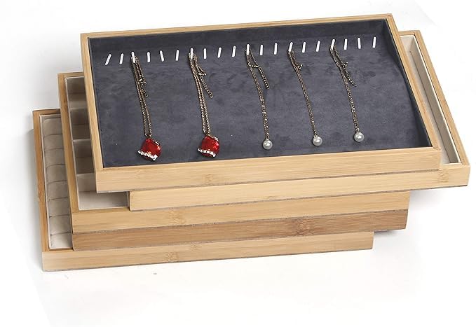 Image of Wooden Chain Velvet Jewelry Drawer Organizer Tray Stackable