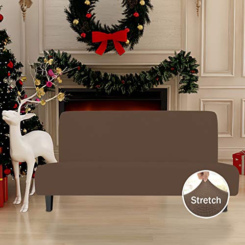 Image of Easy-Going Stretch Large Futon Slipcover Armless Futon Cover Brown | Sofa Bed Furniture Protector Without Armrests with Elastic Bottom for Kids, Soft Jacquard Machine Washable