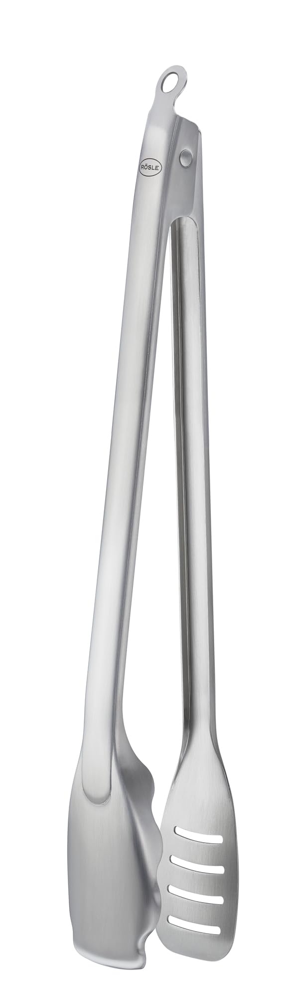 RÖSLE Premium Barbecue-Grillzange, Hochwertige Grillzange mit großer Wendefläche, patentiertes Verschlusssystem, Edelstahl 18/10, spülmaschinengeeignet, Silberfarben