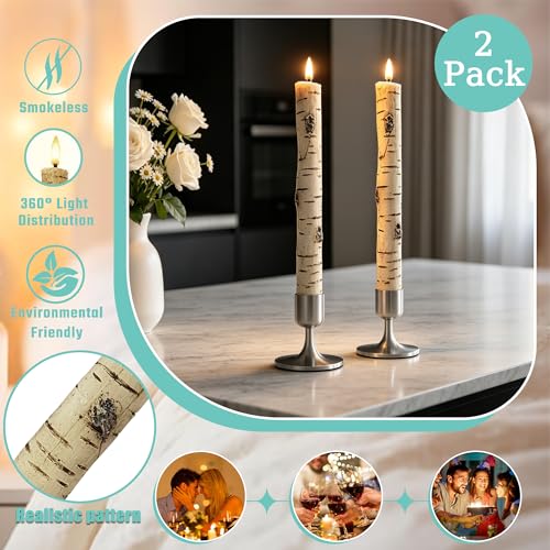 Image of LED 9.84 inch Flameless Taper Candles with Birch Bark Effect Battery Operated Real Wax Flickering Candlesticks with Remote Control and Timer Rustic Primitive Lights Decor Vintage Candles, Pack of 2