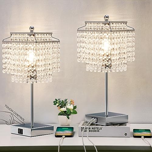 Image of Crystal Table Lamp with Touch Control Set of 2, USB Bedside Table Lamp | with USB C+A Ports Dimmable Lamp with Crystal Shade for Bedroom, Living Room, 6W LED Bulb Included