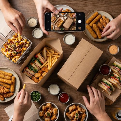 Image of Bio Tek 80 Ounce To Go Boxes, 400 Rectangle Take Out Food Containers - Fast Top Closure, Disposable, Kraft Paper Carry Out Containers, Greaseproof, For Burgers Or Fried Chicken - Restaurantware