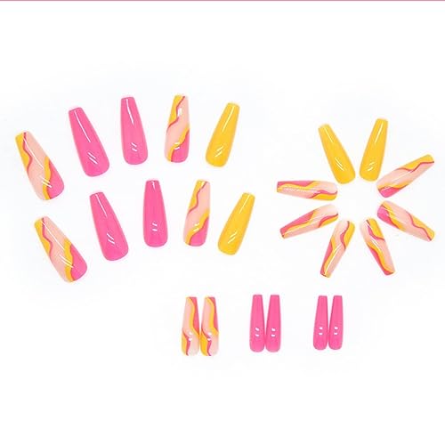 Miniatura 6 de Uñas postizas largas a presión, uñas postizas de ataúd a rayas coloridas, uñas postizas acrílicas brillantes de cobertura completa para mujeres,
