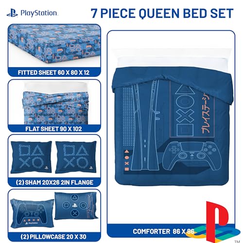 Image of Jay Franco Kids Bed Set, Blue, PlayStation, 7 Piece Queen | Cozy Soft Bedding for Stylish Room Decor with Comforter, Sheets & Pillow Covers
