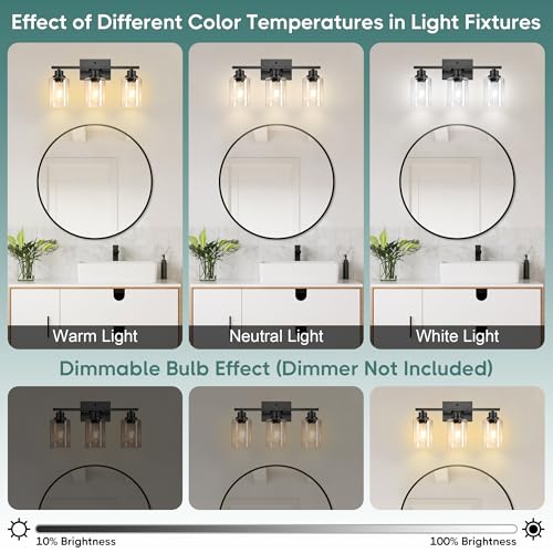 Image of Ascher Bathroom Light Fixtures, 3-Light Vanity Light Over Mirror, Matte Black Wall Sconces with Clear Glass Shades, Wall Lamp for Living Room Bedroom, E26 Base(Bulbs Not Included)