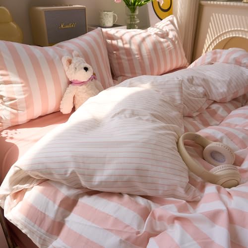 Image of EAVD Pink Striped Duvet Cover Twin XL Soft Washed Microfiber Pink White Vertical Striped Bedding Set with 2 Pillowcases Modern Farmhouse Geometric Pattern Duvet Cover with Zipper Closure