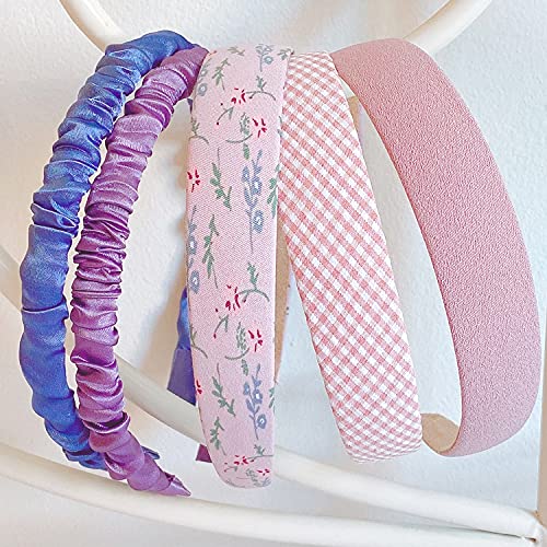 [5PCS] Fashion Hair Accessories Headbands, Satin Headband, Floral Headband, Solid Headband, Gingham Style Headbands Set For Women Girls (Pink and Blue)