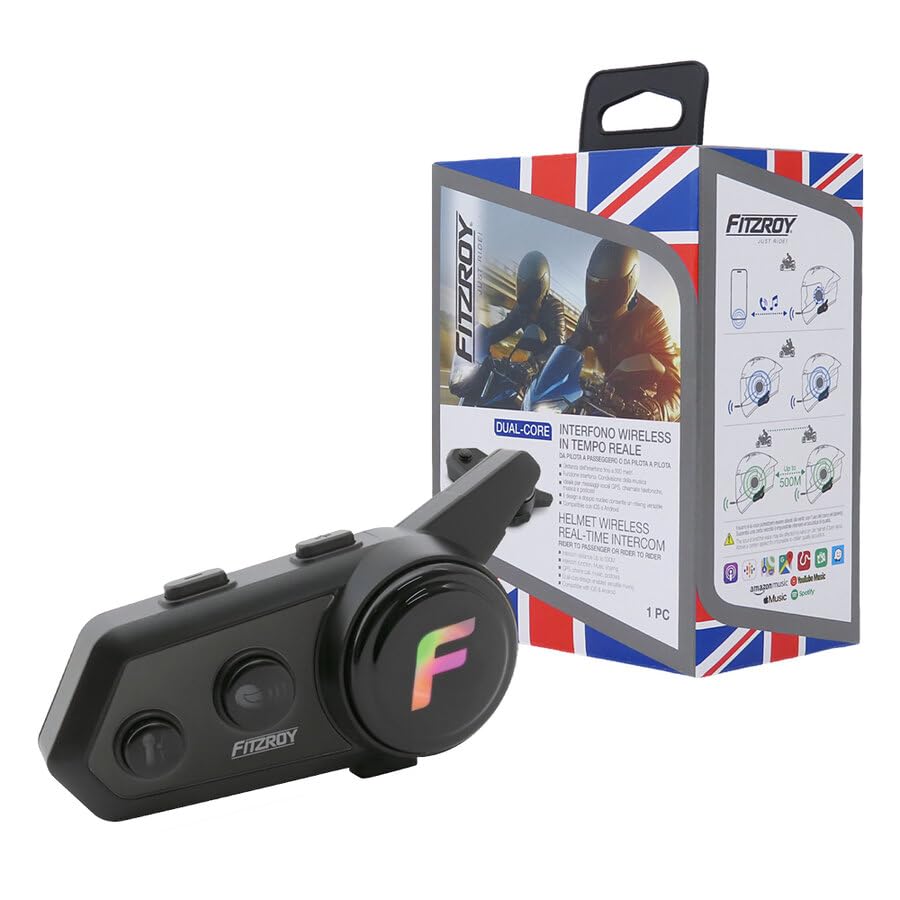 FITZROY Interfono Moto Bluetooth 5.3, Auricolare Casco Moto con Comunicazione 500m, Interphone Moto con Cancellazione Rumore CVC+DSP PRO, Condivisione Musica e Audio Multitasking, Impermeabile IPX6