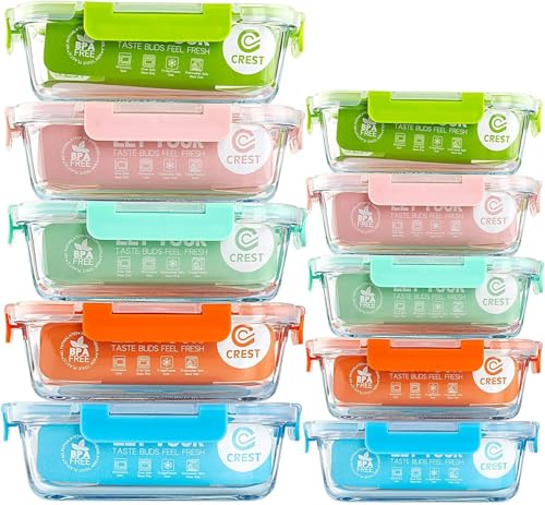 Recopilación de Refractarios de vidrio con tapa los más recomendados. 42 MCSWSEE Juego de Recipientes de Vidrio Herméticos para Almacenamiento de Alimentos con Tapas de Cierre Fácil y a Prueba de Fugas, Sin BPA, Refrigerador Congelador (JUEGO 10...