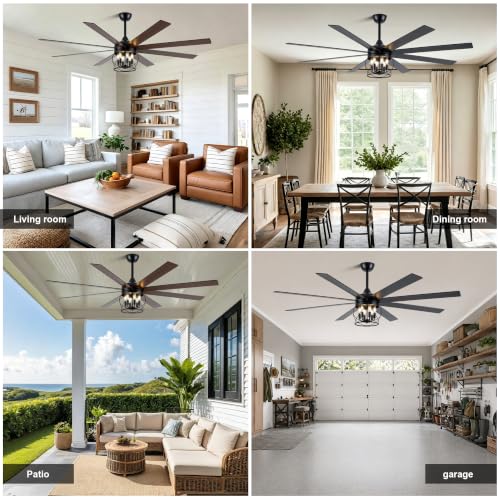 Image of 72 Inch Farmhouse Ceiling Fan with Lights Rustic Ceiling Fan | Remote Control, Rustic Black Caged Fandelier, Industrial Large Chandelier, 3 Downrods for Living Room Indoor Covered Porch