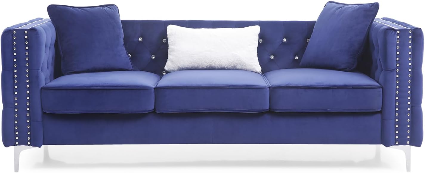 Modern Style Blue Velvet 3 Seat Sofa Couch,Tufted Design with Faux Diamond Buttons,Chromed Steel Legs