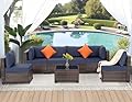 FHFO 7 Pieces Outdoor Patio Furniture Set, Wicker Sectional Sofa Set Rattan Modular Patio Conversation Sets with Cushions Couch Set & Coffee Table for Outside, Garden, Balcony, Porch, Brown-Blue