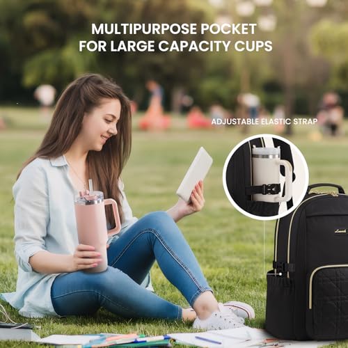 Image of LOVEVOOK Laptop Backpack for Women with Pouch Pocket for Large Capacity Cup,15.6 Inch Teacher Nurse College Work Backpack Purse,Waterproof Laptop Bag Computer Back Pack for Travel,Black+Wicker pattern