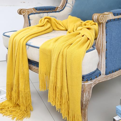 Plaid jaune uni Veemoon couverture décorative à franges style épuré pour maison - 6