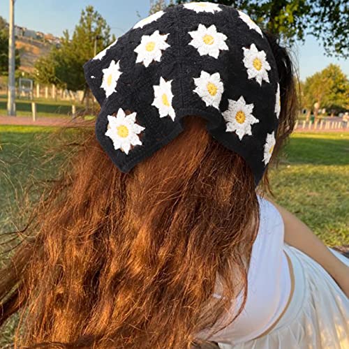 Image of DRESHOW Floral Crochet Hair Bandana 2 PCS Tie Knotted Daisy Headscarf Vintage Headband Knitted Head Kerchief for Women&Girls