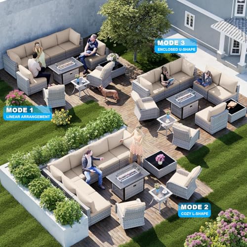 Image of 11-Piece Patio Furniture Set, Outdoor Patio Furniture with 55,000 BTU Fire Pit Table, Swivel Chairs Set, Thick Cushions, Modular Patio Sofa, Dual-Strand Wicker Rattan, Rust-Resistant Frame, Sand