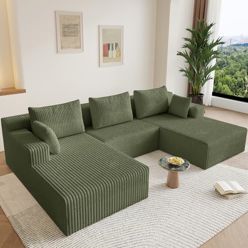 Image of 107 inch U-Shape Cloud Couch, Modern Modular Sectional U-Shape Sofa, Corduroy Boneless Couch Upholstered Couches Deep Seat Sleeper Chaise Longue for Living Room, No Assembly Required,Green