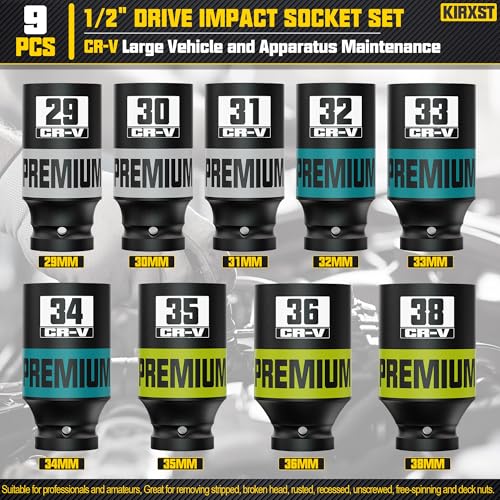 Image of 9 Piece 1 /2 inch Drive Impact Socket Set, Metric Axle Nut Sockets, 29-38mm Thicker Jumbo Sockets, Socket Set, 6 Point, Cr-V Steel for Auto Repair