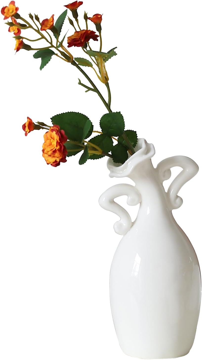 Vase with Attitude, White Ceramic Small Neck Vases, Novel and Lovely Unique Shape Vase, 7inch Modern Home Decoration Vases, Can Be Used As A Decoration for Dining Table Bookcase and Desk