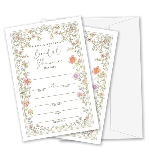 HJLLOQR Bridal Shower Invitations 25 Sets Floral Wedding Invitation Cards with Envelopes Garden Flower Wedding Shower Invites for Engagement Party Decorations Supplies (B02)