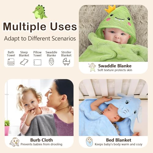 Image of OFUSUY 6 PCS Baby Bath Towels for Infants Toddlers, Thick 3 PCS Animal Hooded Baby Towels & 3 PCS Washcloths Set, Soft & Ultra Absorbent Newborn Bath Cute Essential Gifts for Boys & Girls
