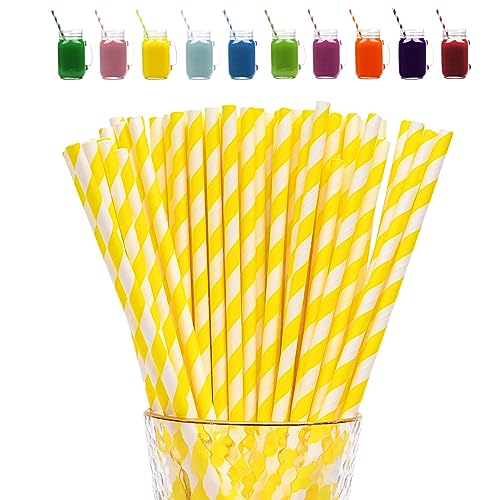 Yellow Stripes Drinking Straws - 100 Pack Biodegradable Paper Straws for Kids, Assorted Colors, Perfect for Parties & Xmas Decor