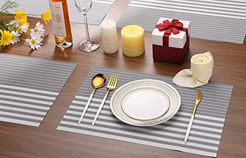 Image of YELONA Dining Table Placemats Set of 6 - Heat-Resistant, Non-Slip, Washable & Stain Resistant Woven PVC Vinyl Table Mats for Kitchen & Dining - 45 x 30 cm, PeachGrey & White