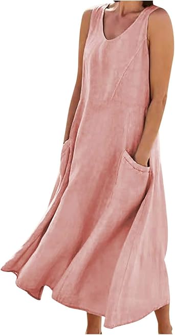 Cotton Linen Dresses for Women 2026 Sleeveless Crew Neck Summer Maxi Dress with Pockets Flowy Boho Beach Sundress