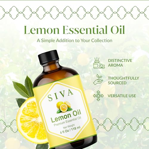 Image of Siva Lemon Essential Oil - 4 Fl Oz - 100% Natural Lemon Oil - for Diffuser, Face, Skin Care, Aromatherapy, Hair Care, Scalp and Body Massage - with Dropper