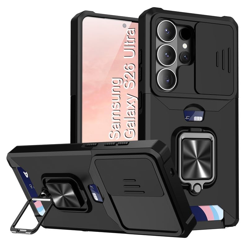 Image of LuxuryKase Shockproof Armor Case for Samsung Galaxy S26 Ultra | Slide Camera Cover | Hidden Card Slot | Rotating Ring Kickstand | Magnetic Car Mount Support | Military Grade Protection - Black