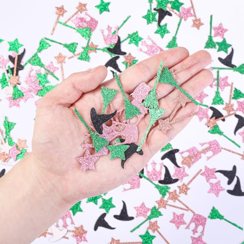 Image of 200 Pcs Pink and Green Glitter Confetti, Wicked Witch Themed Table Scatter, Magic Broom Wand Hat Crown Star Shapes for Princess Girls Birthday Baby Shower Party Supplies