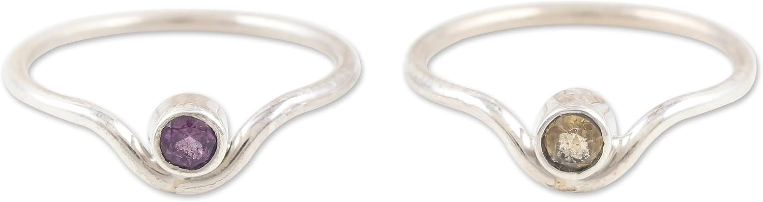 NOVICA Artisan Handmade .925 Sterling Silver Amethyst Citrine Single Stone Rings with Gemstones India Modern 'Positive Magic' (set of 2)