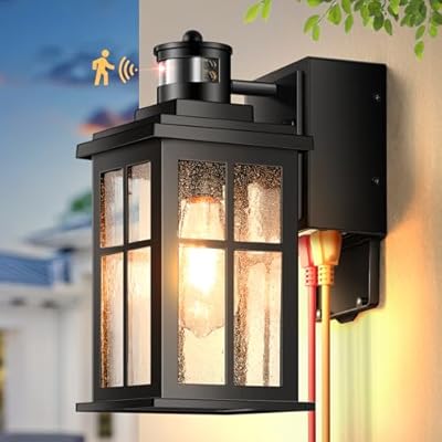 Gleamz Motion Sensor Outdoor Porch Light with GFCI Outlet, Modern Black Exterior Lighting Fixtures Wall Mount for House, Anti-Rust Waterproof Dusk to Dawn Outdoor Wall Sconce Lantern for Garage, Coach