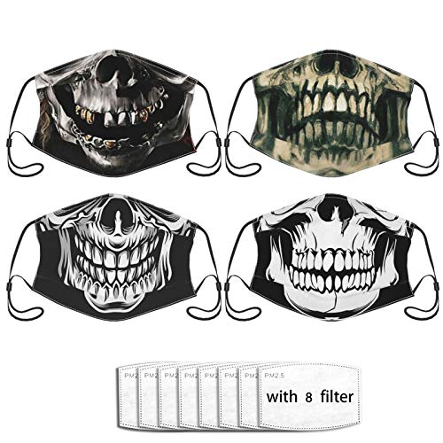 4 Pcs Scary Skull Face Mask Fashion Scarf Pocket Breathable Reusable Balaclavas For Men Women With 8 Filter
