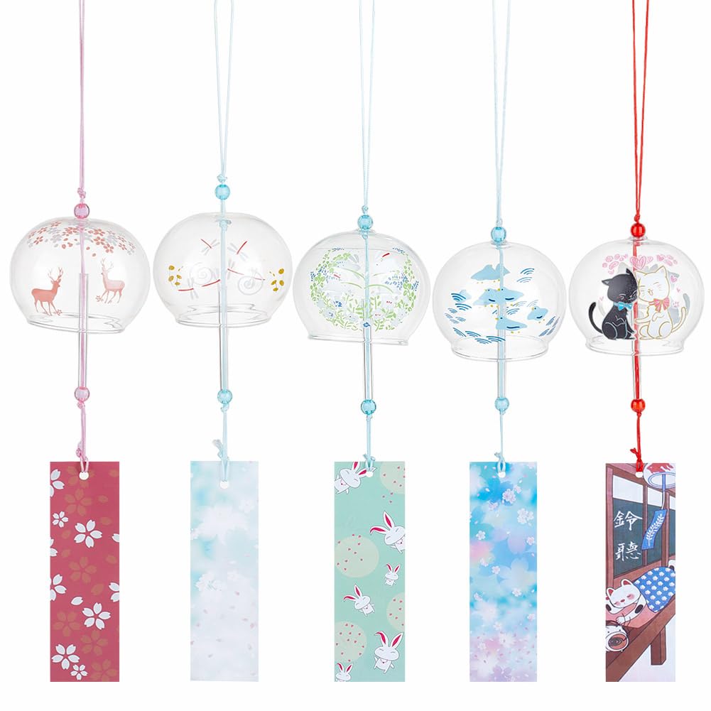 OLYCRAFT Lot de 5 cloches à vent japonaises en verre fabriquées à la main sur le thème des animaux - 5 styles - Pendentifs créatifs à suspendre pour la maison, le jardin, un mariage, une décoration
