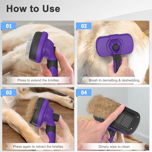 Image of Dipoo Self Cleaning Shedding Brush, Skin Friendly Grooming Tool for Dogs, Cats, Puppies, Deshedding and Hair Removal for Long and Short Haired Pets, Black (Purple)