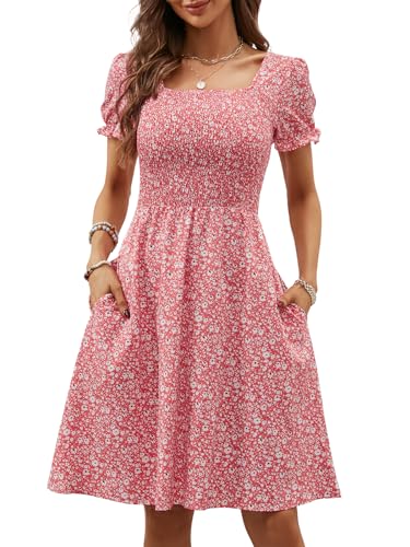 Image of Berydress Women's Summer Dresses 2026 Pockets Short Sleeve Square Neck Flowy A Line Casual Boho Smocked Mini Sun Dress
