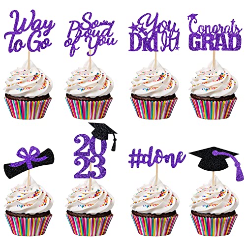 Purple Graduation Cupcake Toppers 2023 Purple Congrats Grad Class Of 2023 Graduation Cupcake Toppers,Cupcake Picks Graduation 2023 For Graduation Party Decorations 2023 Purple - 32Pcs #TOP1